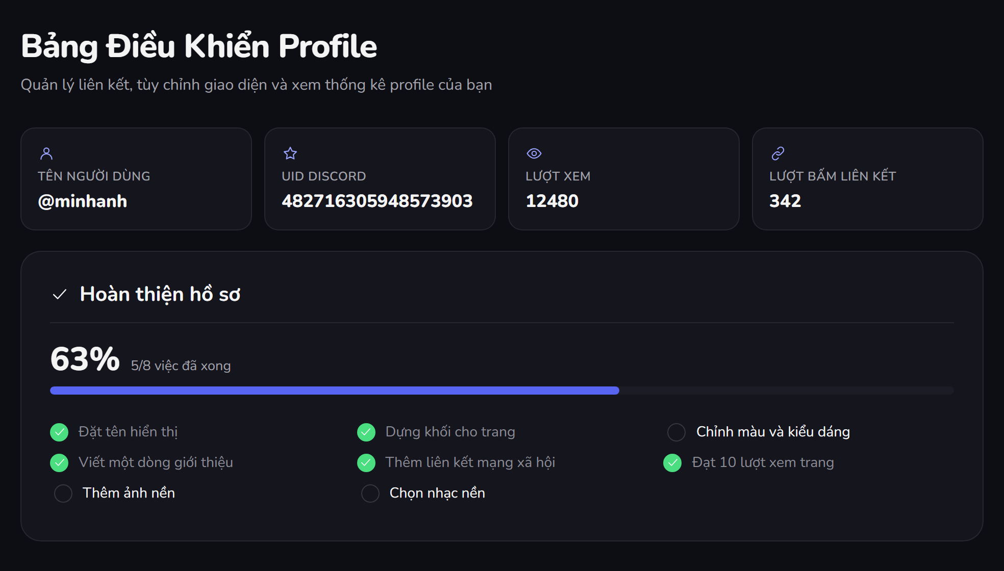 Bảng điều khiển — quản lý link và xem thống kê